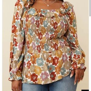 Ruffled Shoulder Smocked Romantic Floral Top